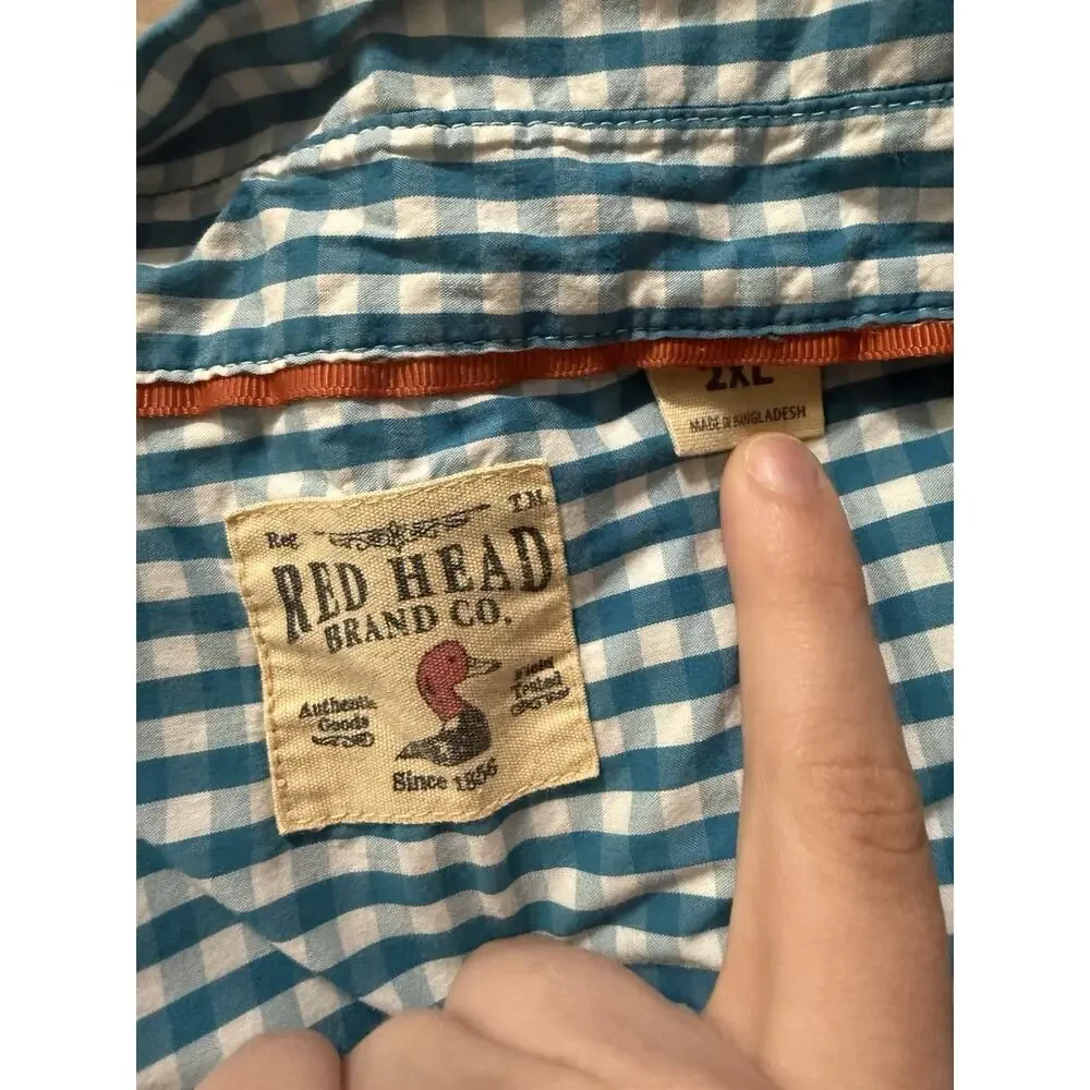 RedHead Men's 2XL Gingham Fishing Shirt Short Sleeve Blue White Vented Zipper